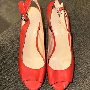 Franco Sarto Sarah Womens Size 7 Red Patent Wicker Wedge Heels Sandals Slingback